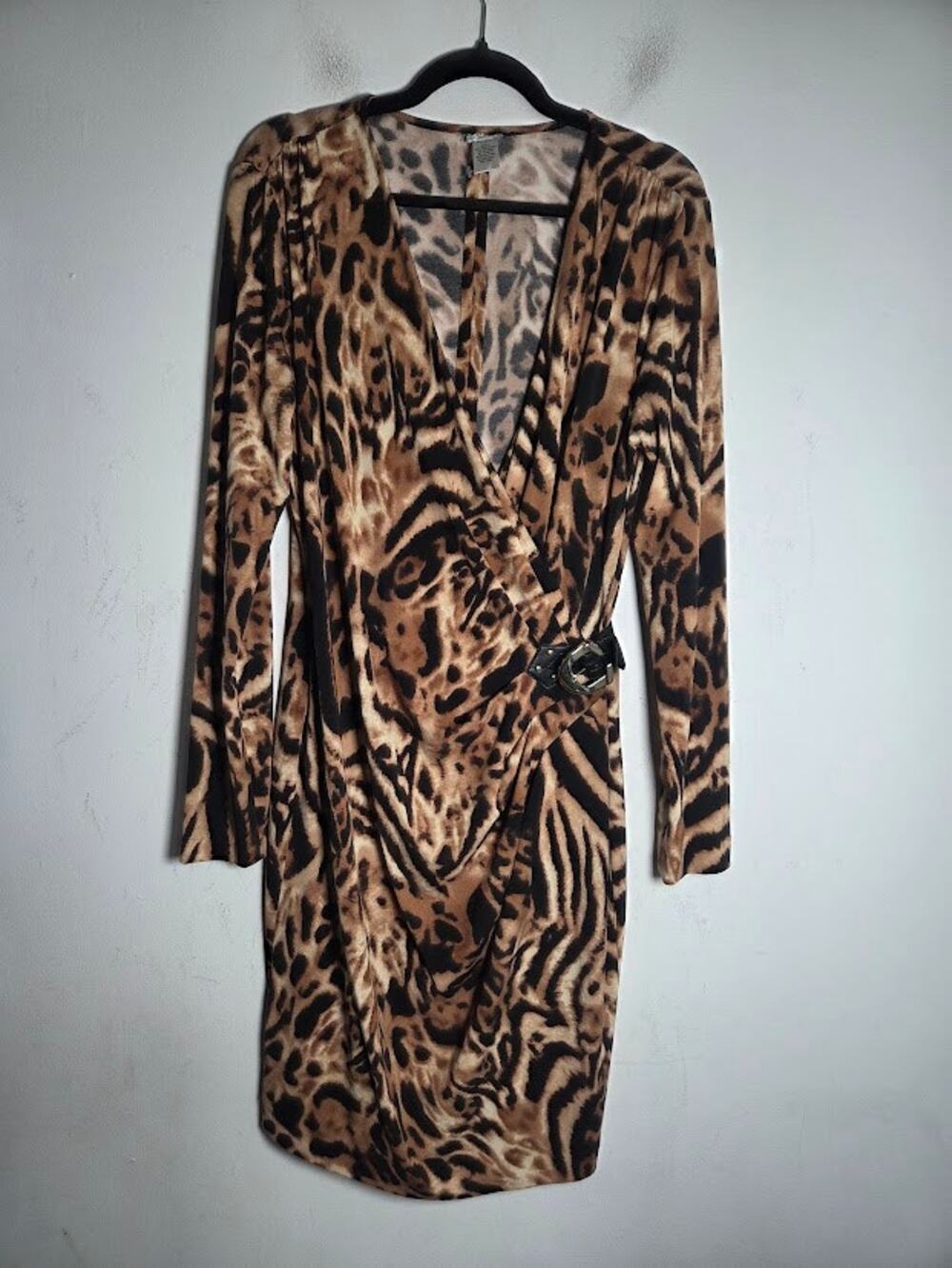 Cache Black Brown Leopard Print Faux Wrap Belted Y2K Stretch Midi Dress size XL